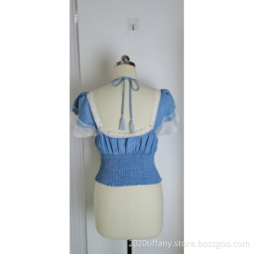 Denim Lace Square Collar Women's Short Sleeve Top